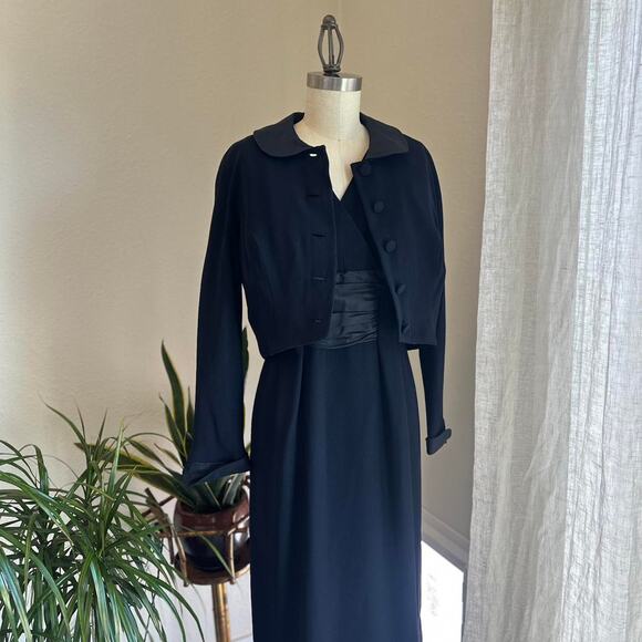 Women’s Small Dress Set Navy Blue Wool Vintage 2-Piece Set, 60s Mod - Picture 1 of 4